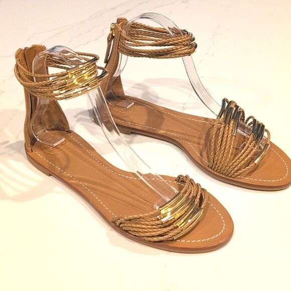 Tory Burch Tan Mignon Rings Strappy Ankle Strap Leather Sandals Size 9 - Picture 2 of 10